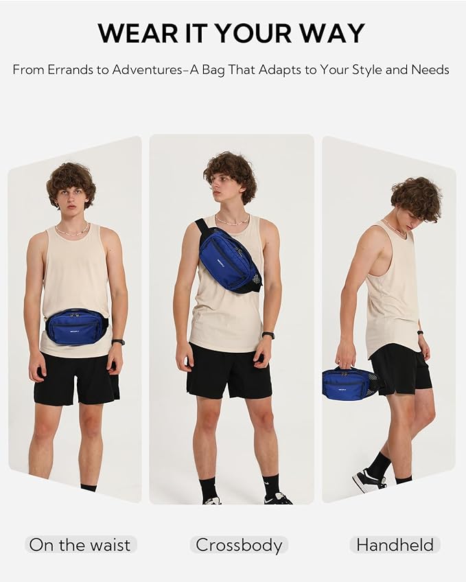WATERFLY Fanny Pack Waist Bag: 2.3L RFID Blocking Anti-Theft Crossbody Bags with Bellows-Style Opening, Breathable Casual Hip Pack for Women Men Traveling Walking Hiking-Navy Blue