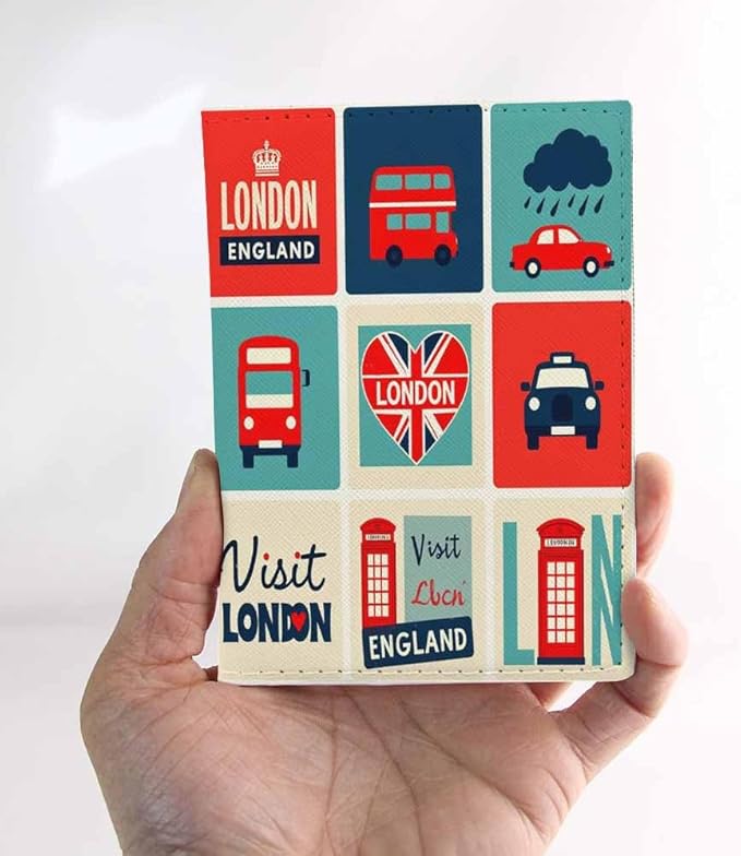 London Symbols Passport Holder for Travel Brtish England Flag Heart Design PU Leather Passport Cover Wallet Cute Passport Card Holder for Women and Men