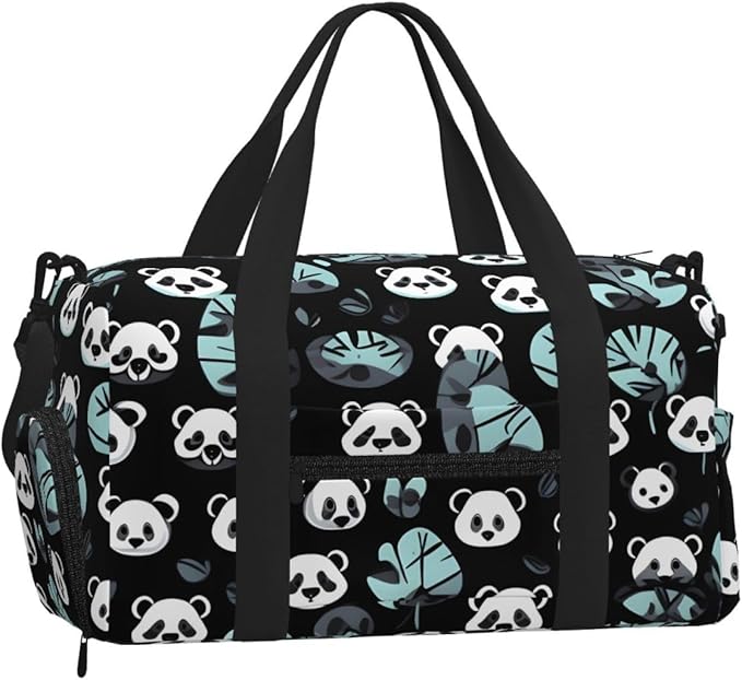 Black and white panda face Print Gym Bag with Shoe Compartment for Women Men, 17.7in Sports Duffle Weekender Tote, Overnight Travel Duffel Bag Carry On