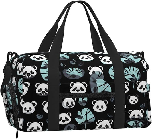 Black and white panda face Print Gym Bag with Shoe Compartment for Women Men, 17.7in Sports Duffle Weekender Tote, Overnight Travel Duffel Bag Carry On