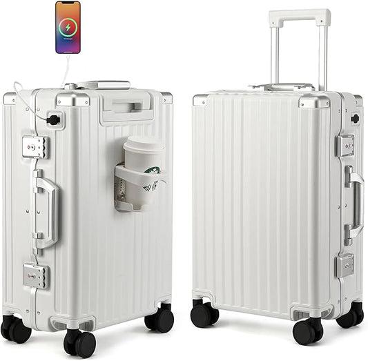 MYER Hard Case 24 Inch Checked Luggage with Spinner Wheels,Aluminum Luggage with 100% 3-Layer PC,Hard Shell Suitcases with Wheels,Cup Holder and USB Port (Milky White, 24 inch)