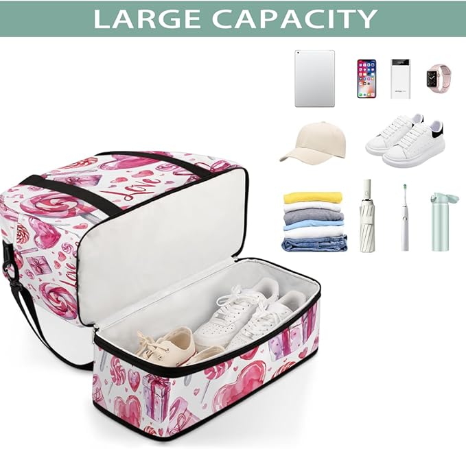 Pink Heart Candy Gift Large Weekender Bag with Shoe Compartment Travel Duffel Bags for Women Carry On Hospital Overnight Bag Foldable Personal Item Travel Bags Tote Gym Sports Airplanes