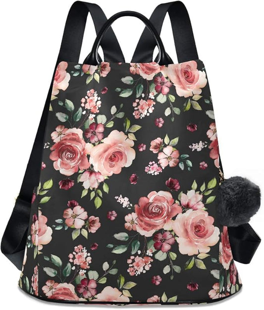 ALAZA Rose Flowers Floral Black Backpack Purse for Women Anti Theft Fashion Back Pack Shoulder Bag