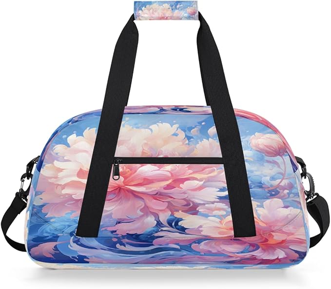 Sports Duffel Bags, Pink Peony Blue Water-Resistant Gym Duffle Bag for Men Women, Lightweight Weekender Overnight Bag for Fitness, Workout, Travel