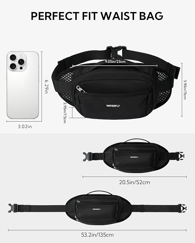 WATERFLY Fanny Pack Waist Bag: 2.3L RFID Blocking Anti-Theft Crossbody Bags with Bellows-Style Opening, Breathable Casual Hip Pack for Women Men Traveling Walking Hiking-Black