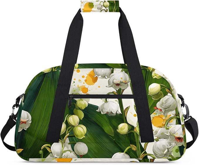Lovely Lily of the Valley Gym Travel Duffle Bag for Women & Men with Front Zipper Pocket for Sports, Overnight, Weekender, Carry On,Workout & Dance Bag,Cute White,18.9 * 8.7 * 10.6 in