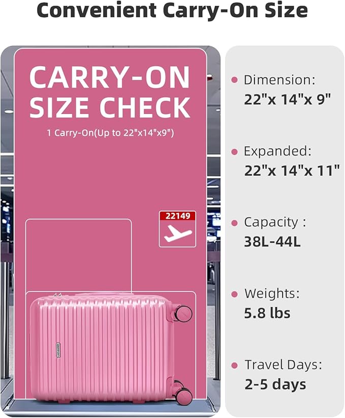 LARVENDER Carry on Luggage 22x14x9 Airline Approved, 20 Inch Hardside Suitcase with Wheels TSA Lock, PC+ABS Lightweight Carry on Suitcases for Women and Men, Berry (20/DB/TB)