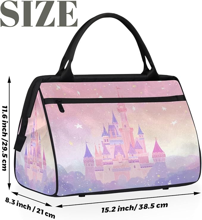 Cute Pink Purple Castle Travel Duffel Bag, Waterproof Sports Gym Duffle Bag, Large Capacity Weekender Carry On Overnight Bags for Women Men