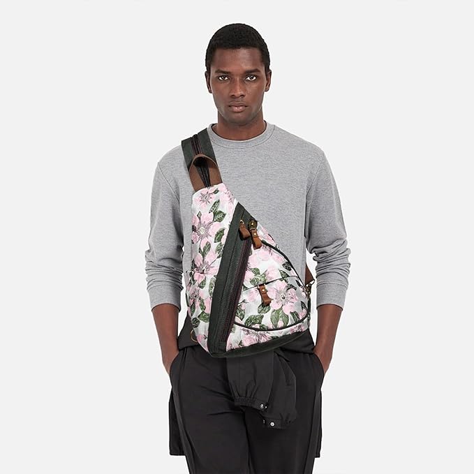 KL928 Canvas Sling Bag - Small Crossbody Backpack Shoulder Casual Daypack Rucksack for Men Women(Embroidery Pink)