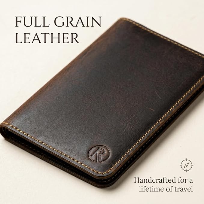 Rustique Leather Passport Holder Collection - Handmade Travel Wallet & Organizer - Full Grain Crazy Horse Leather Covers for Men & Women (Multiple Styles) (Vertical Wallet - Smoky Bourbon)