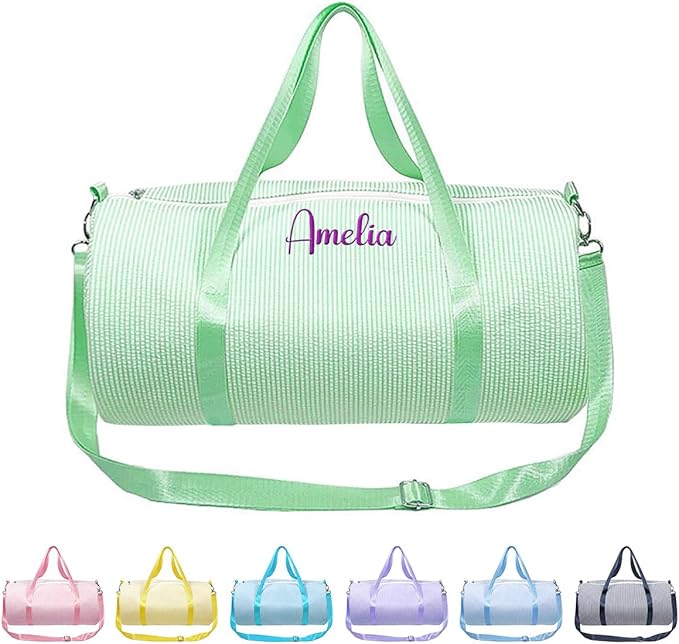 Personalized Seersucker Duffle Bag for Girls, Custom Dance Bag with Embroidered Name,Overnight Bag Ballet Gym Weekender Travel Bag