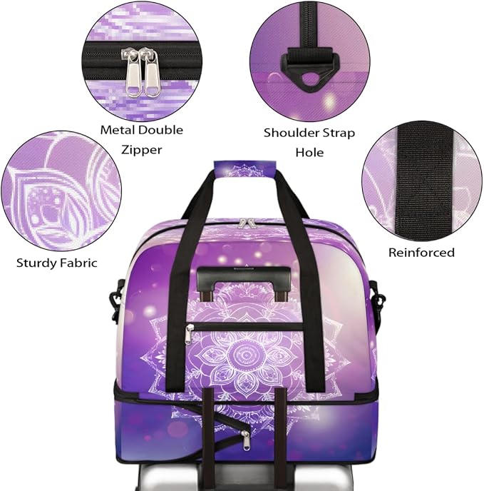 Purple Mandala Flower Abstract Large Weekender Bag with Shoe Compartment Travel Duffel Bags for Women Carry On Hospital Overnight Bag Foldable Personal Item Travel Bags Tote Gym Sports Airplanes