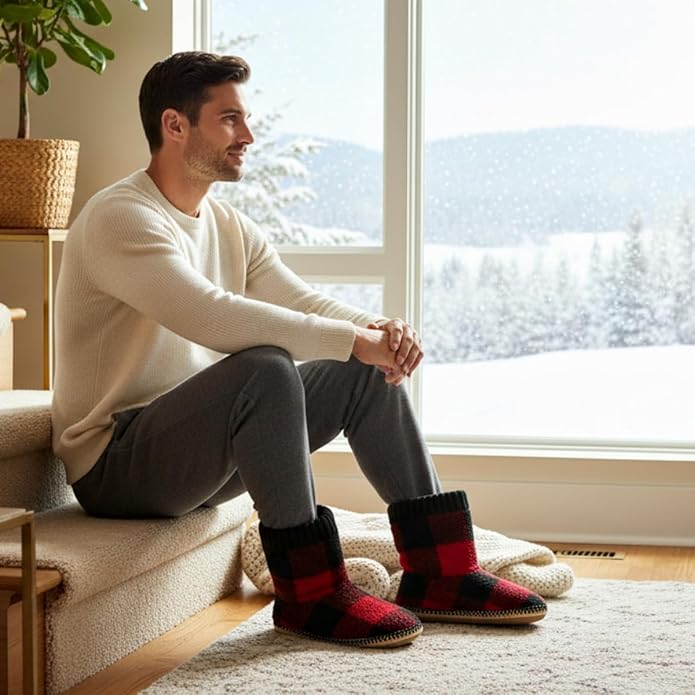 cosyone1997 Boot Slippers for Men Indoor Soft Sole, Warm Fuzzy Slipper Socks with Non Slip Grips