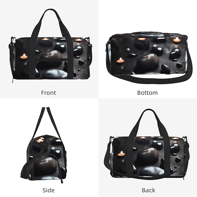 Black Mystery Heart Stone Print Gym Bag with Shoe Compartment for Women Men, 17.7in Sports Duffle Weekender Tote, Overnight Travel Duffel Bag Carry On