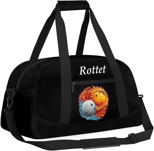 Personalized Sports Duffel Bags, Custom Kids Football Duffle Bag for Boys with Your Name, Lightweight Overnight Weekender Bag for School Gymnastics Travel,Red White Flame Soccer Ball