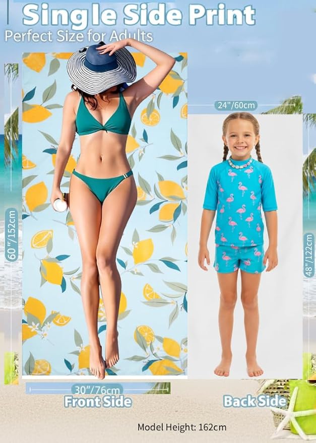 LIVILAN Blue Lemon Beach Towels, 30 x 60 Oversized Absorbent Thin Soft Blanket Towel, Lightweight Quick Dry and Sand Free Bath Pool Towel as Gifts for Kids Adults