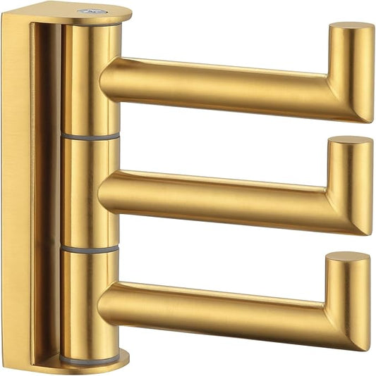 APLusee Swivel Towel Hook, 304 Stainless Steel Foldable Clothes Hook with Multi Three Rotating Arm, Flexible Bathroom Kitchen Storage Hanger Wall Mounted, Brushed Gold