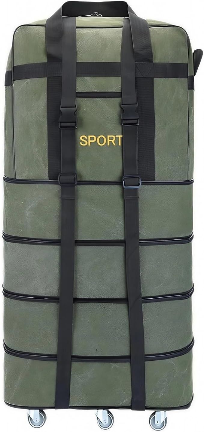 Expandable Extra Large Travel Oxford Duffel Bag with Wheels Waterproof Lightweight Traveling Foldable Suitcase (Green Canvas, XL - 6 wheels)