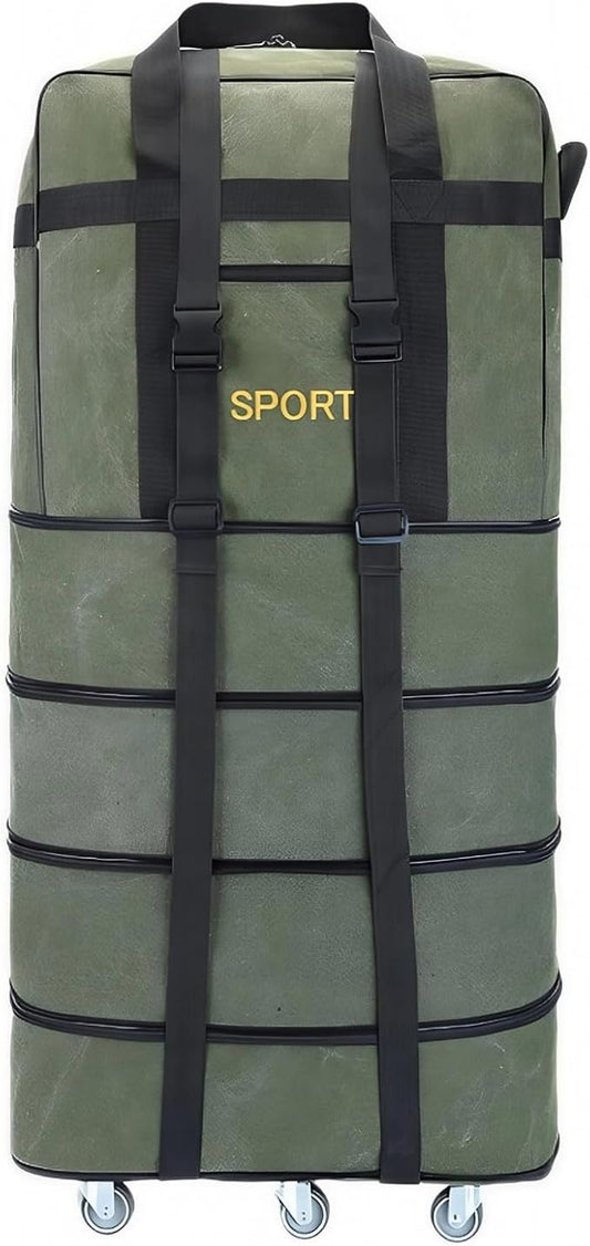 Expandable Extra Large Travel Oxford Duffel Bag with Wheels Waterproof Lightweight Traveling Foldable Suitcase (Green Canvas, XL - 6 wheels)