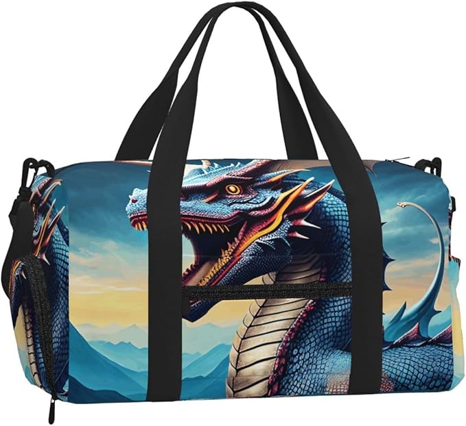 Roaring Dragon Print Gym Bag with Shoe Compartment for Women Men, 17.7in Sports Duffle Weekender Tote, Overnight Travel Duffel Bag Carry On