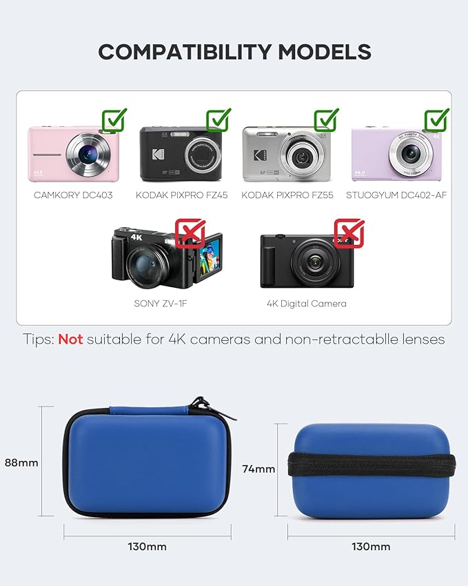 Camera EVA Case Compatible for KODAK PIXPRO FZ45-BK/FZ55, CAMKORY DC403, STUOGYUM DC402-AF, Dual-Layer Protection with SD Card Slots & Mesh Pocket, Blue