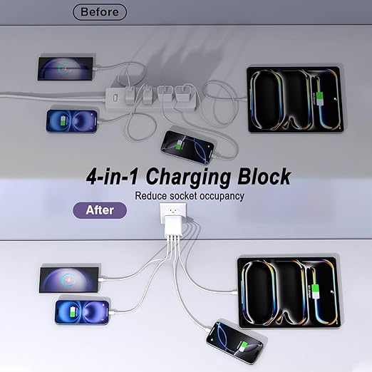 USB C Charger Block,60W 4-Port USB C Wall Charger iPhone Charger Fast Charging PD Power Adapter+QC Wall Plug Multiport Type C Brick Chargers for iPhone 17 16 15 14 13 12 11 Pro Max XS,Samsung