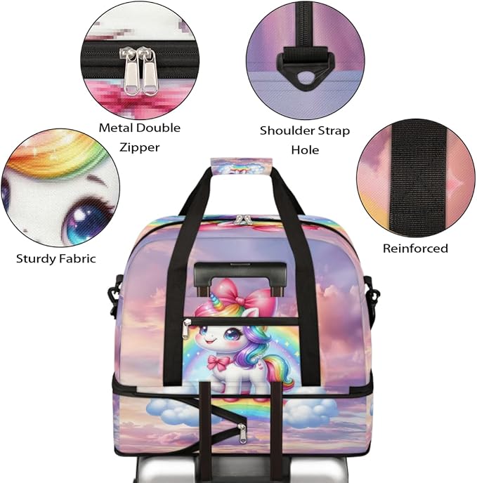 Rainbow Animal Unicorn Large Weekender Bag with Shoe Compartment Travel Duffel Bags for Women Carry On Hospital Overnight Bag Foldable Personal Item Travel Bags Tote Gym Sports Airplanes