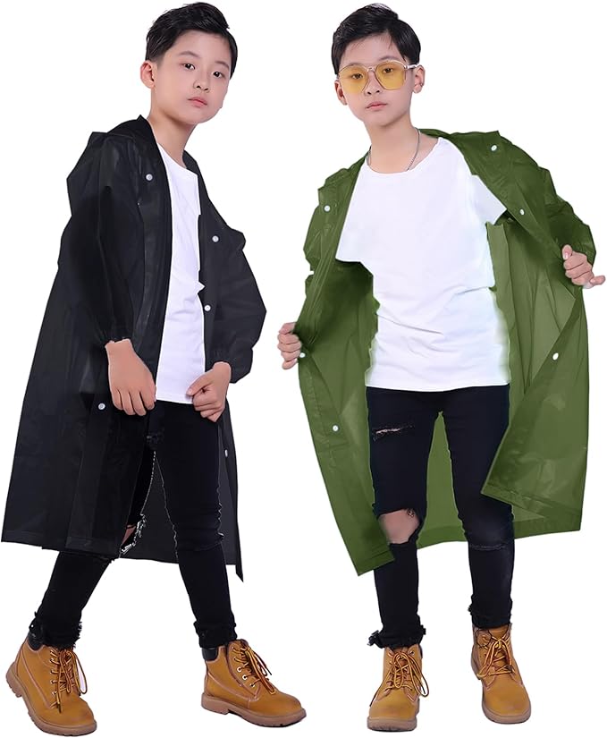 Kids Rain Jacket, 2 Pack Rain Ponchos for Kids - Reusable Raincoats for Boys and Girls Waterproof Outdoor Rain Gear