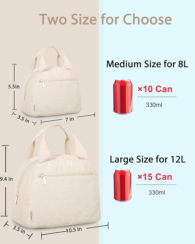 Cute Lunch Box Tote Bag - Corduroy Insulated Cooler Bags for Women - Lightweight Reusable Portable Soft Lunch Pail Kit for Kids Teen Girl Adults Work School Picnic Travel White 12L
