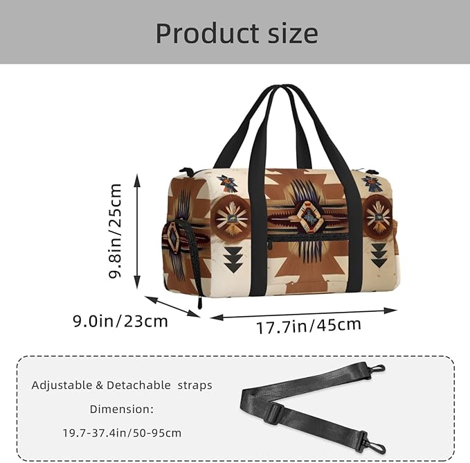 Native American Patterns Print Gym Bag with Shoe Compartment for Women Men, 17.7in Sports Duffle Weekender Tote, Overnight Travel Duffel Bag Carry On