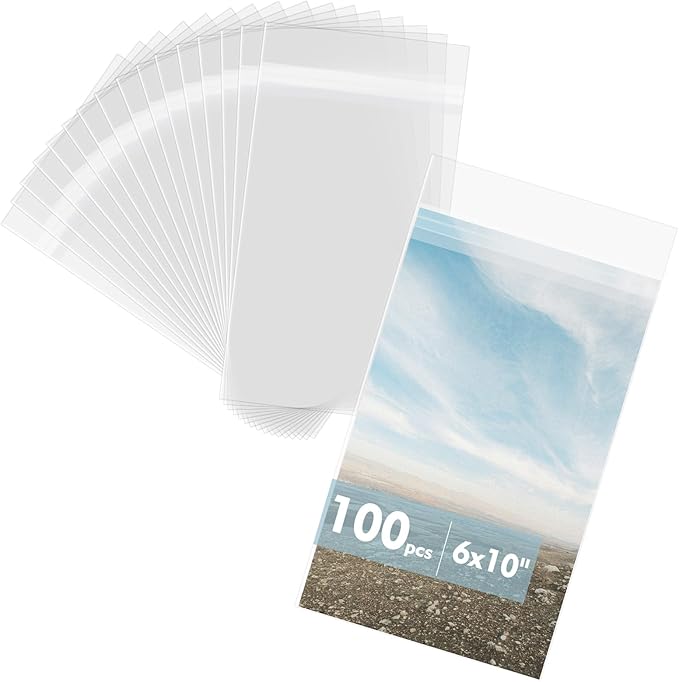 Mat Board Center 6x10 Inches Crystal Clear Sleeves Storage Bags, 100 Pack Self Sealing Cellophane Bags for 6x10 Prints, Photos, Cards