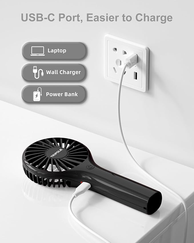 TriPole Portable Handheld Fan Mini Personal Fan with 3 Speeds, Powerful Little Battery Hand Held Fan for Travel Outdoor Concerts, Cute Small Rechargeable Lash Fan for Makeup Skincare Drying, Black