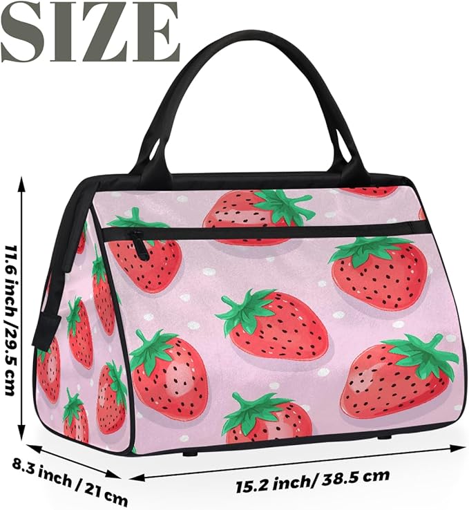 Travel Duffel Bag, Cute Strawberry Pattern Waterproof Sports Gym Duffle Bag, Large Capacity Weekender Carry On Overnight Bags for Women Men