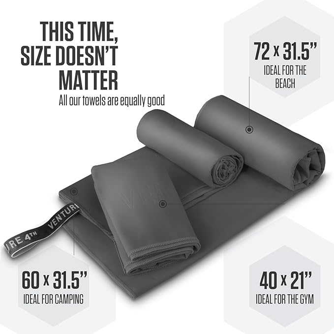 VENTURE 4TH Quick Dry Towel. Microfiber Travel Towel Ideal for Camping, Hiking, Backpacking, Gym. Lightweight & Fast Drying Travel Towels for Body. Compact & Easy to Pack - Charcoal Medium