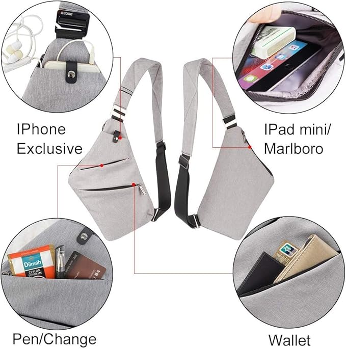 Crossbody Sling Bag, Water-Resistant Anti Theft Chest Pack, Minimalist Commuter Daypack for Travel Hiking Work, GREY, Small