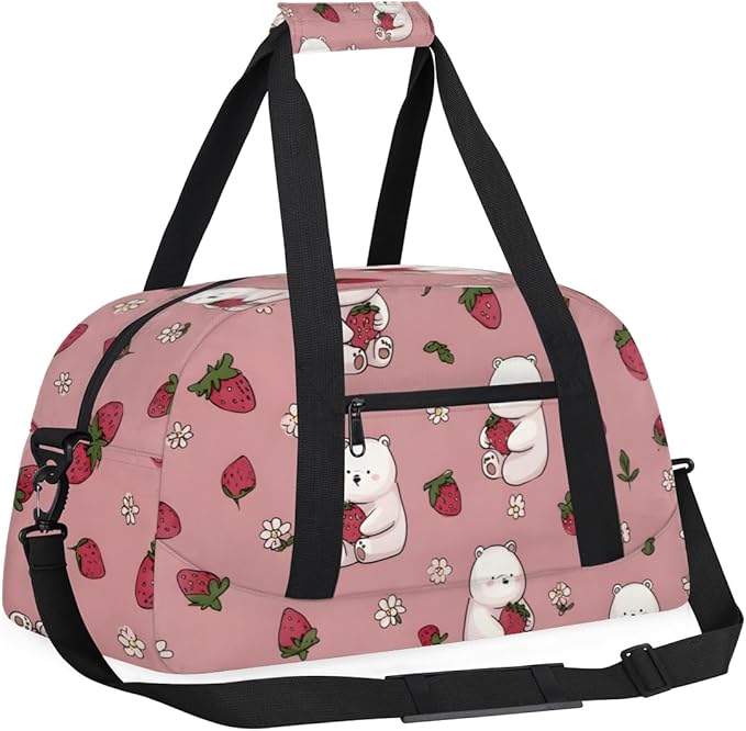 Strawberry Bear Gym Travel Duffle Bag for Women & Men with Front Zipper Pocket for Sports, Overnight, Weekender, Carry On,Workout & Dance Bag,Cute Strawberry Bear,18.9 * 8.7 * 10.6 in
