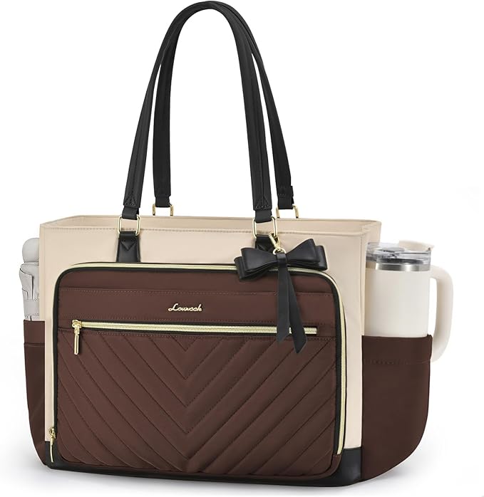 LOVEVOOK Laptop Tote Bag for Women, Work Bag for Nurse with Large Cup Holder, Quilted Diaper Bag for Travel, Computer Women's handbags for Teacher gift, Coffee-apricot-black, 15.6 Inch