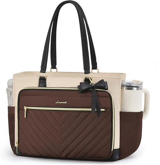 LOVEVOOK Laptop Tote Bag for Women, Work Bag for Nurse with Large Cup Holder, Quilted Diaper Bag for Travel, Computer Women's handbags for Teacher gift, Coffee-apricot-black, 15.6 Inch