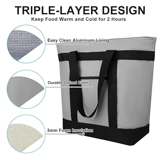 CIVJET Insulated Reusable Tote Bag for Grocery Shopping for Women/Men, Pizza/Food Delivery Bag to Keep Food Cold/Hot for Uber Eats/Doordash/Grubub, Cooler Bags for Travel/Beach/Picnic, Cooler Bag,Grey