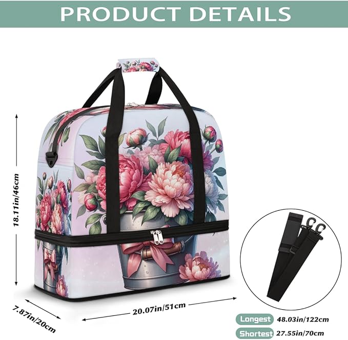 Pink Flowers Floral Large Weekender Bag with Shoe Compartment Travel Duffel Bags for Women Carry On Hospital Overnight Bag Foldable Personal Item Travel Bags Tote Gym Sports Airplanes