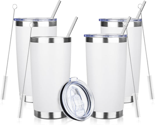 20oz Tumbler with Straw and Brush, Stainless Steel Vacuum Insulated tumbler, Double Wall Insulated Coffee Tumbler for Outdoor, Home, Travel,Office (White,4pcs)