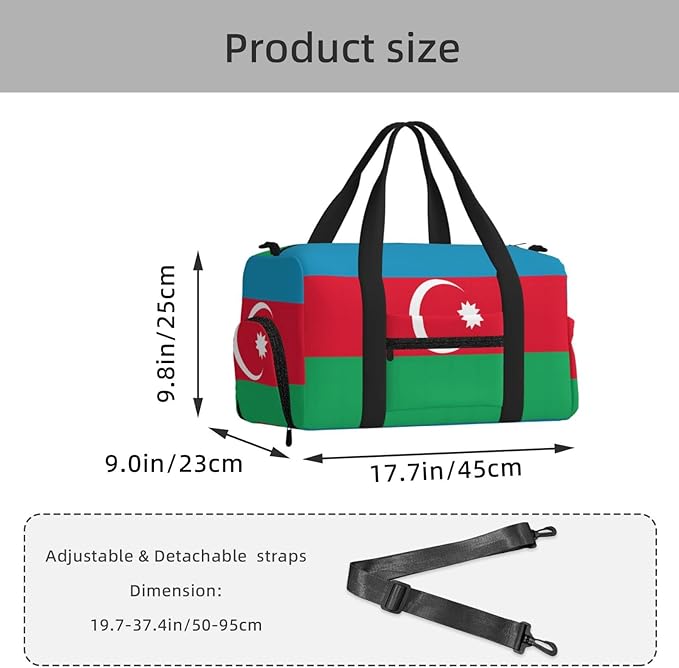 Flag of Azerbaijan Print Gym Bag with Shoe Compartment for Women Men, 17.7in Sports Duffle Weekender Tote, Overnight Travel Duffel Bag Carry On