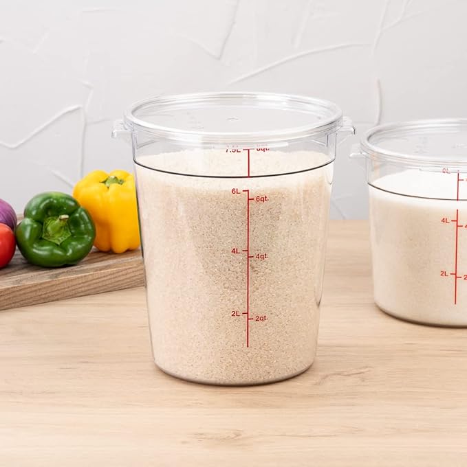 Restaurantware Met Lux 8 Quart Food Storage Containers 10 Round Commercial Storage Containers - Lids Sold Separately With Volume Markers Clear Plastic Food Prep Buckets Space-Saving Storage