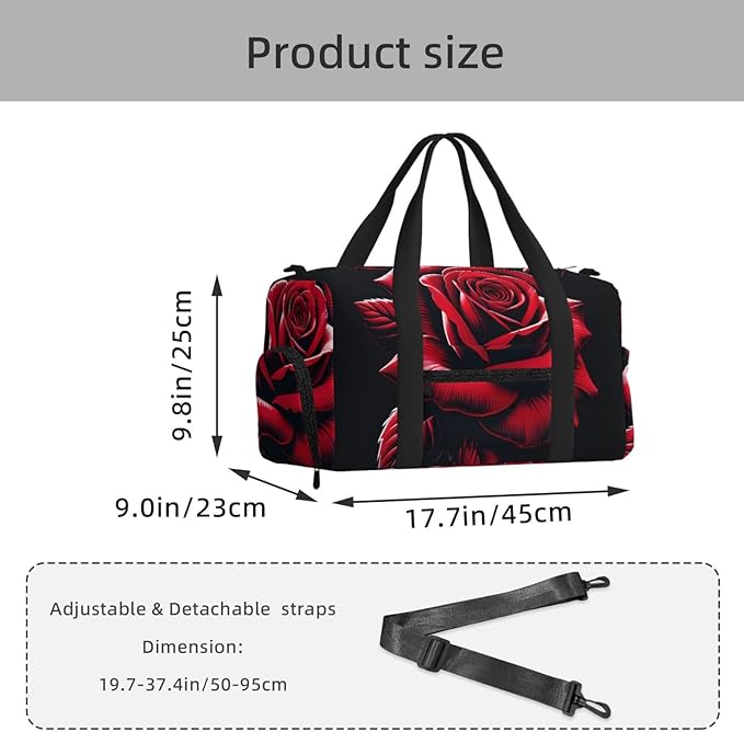 Romantic Red Rose Print Gym Bag with Shoe Compartment for Women Men, 17.7in Sports Duffle Weekender Tote, Overnight Travel Duffel Bag Carry On
