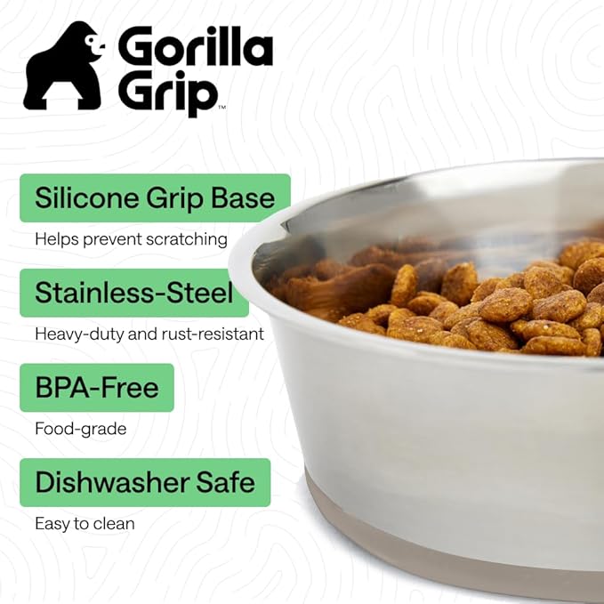 GORILLA GRIP Dog Bowls, Heavy Duty 304 Stainless Steel, Holds 4 Cups Each (32 fl oz) Food and Water Bowl for Feeding Dogs and Cats, Dishwasher Safe, Rust Resistant, BPA Free Rubber Base Set of 2 Beige