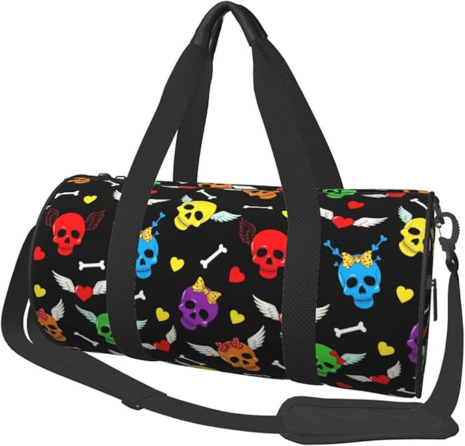 Duffle Bag Lightweight Unisex Carry On Small Gym Bag Sports & Travel Duffel Bags Colorful Funny Cartoon Skulls Love Hearts for Men and Women