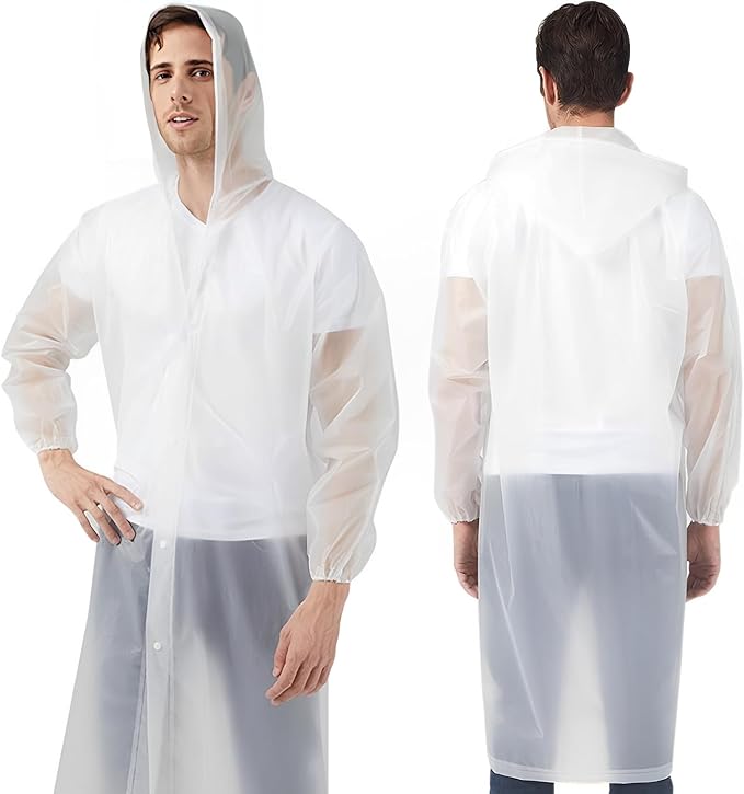 Rain Ponchos Raincoats for Adults, 2 Pcs Reusable Rain Jacket Coats with Hoods and Sleeves for Men Women (White)