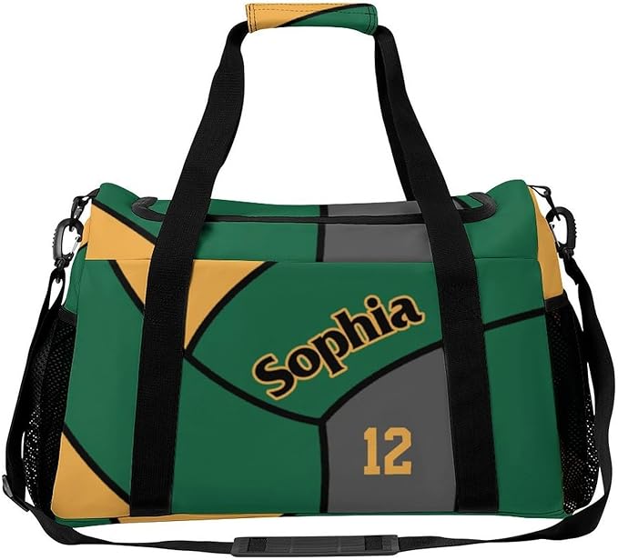Custom Volleyball Gold Green Duffel Bag with Name Personalized Travel Bags Sport Gym Bag Carry On Weekender Bags for Men Women
