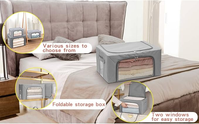 Stackable Clothes Storage Box for Clothing Gadgets,Steel Frame Storage Bins for Toys Gift,Foldable Oxford Fabric Closet Organizer Bag Set with Carry Handles Clear Window (Small- 22L x3 Pack, Grey)