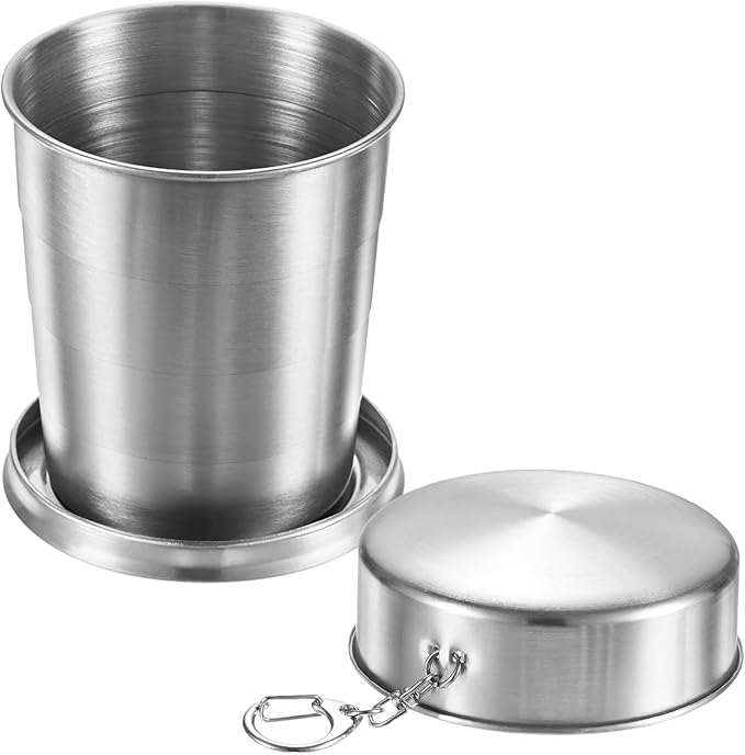 Stainless Steel Collapsible Travel Cup, 8.4oz(250ml) Reusable Collapsible Metal Cup Portable Foldable Water Bottle with Lid and Keychain for Travel/Camping/Hiking
